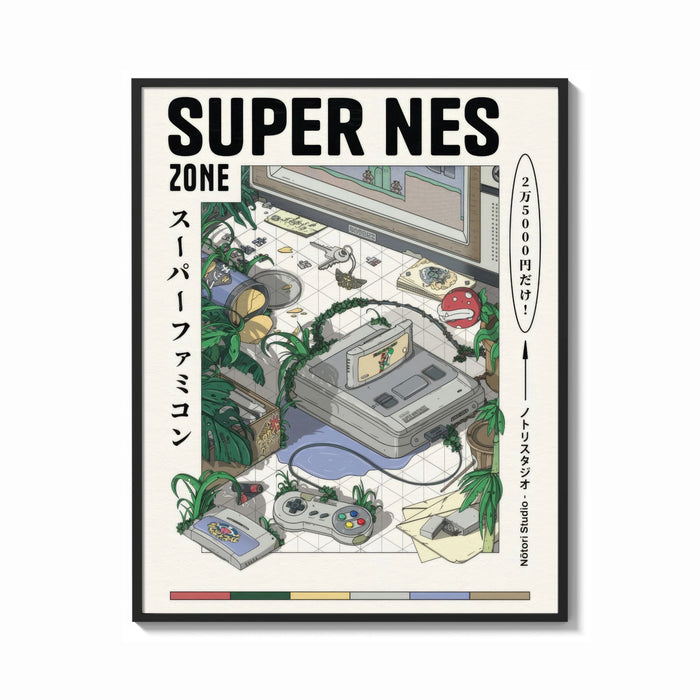 Framed Super Nintendo game console with controller print shown as a bold statement piece on a clean gallery wall