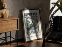 Walnut-framed Super Nintendo game console with controller print leaning against a sunlit rustic brick wall