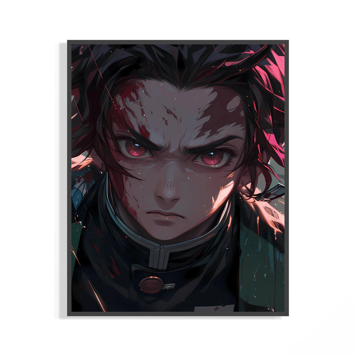Framed Anime boy with red eyes, bloodied face print displayed as a statement piece