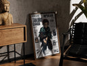 Walnut-framed Anime boy wielding katana sword print leaning against a sunlit rustic brick wall