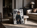Anime boy wielding katana sword print in a black frame leaning on a travertine table in a sunlit lounge