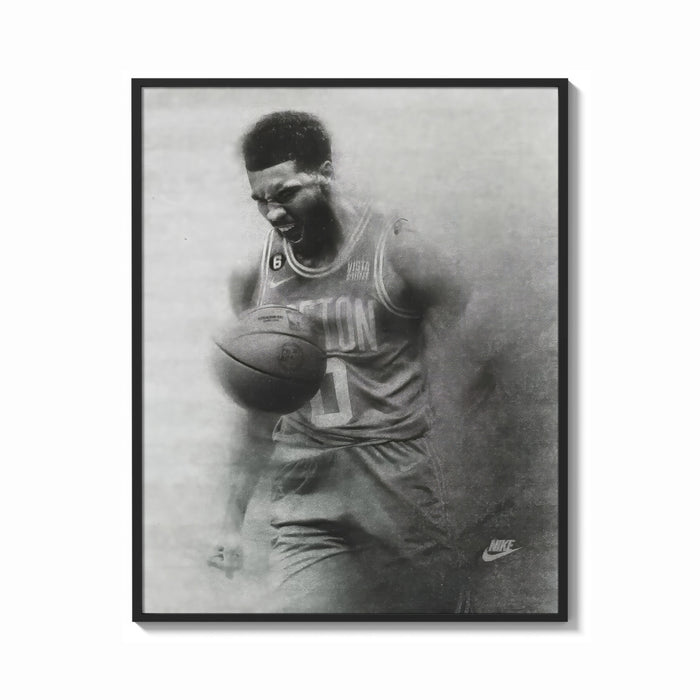 Framed Basketball player celebrating with ball print shown as a bold statement piece on a clean gallery wall