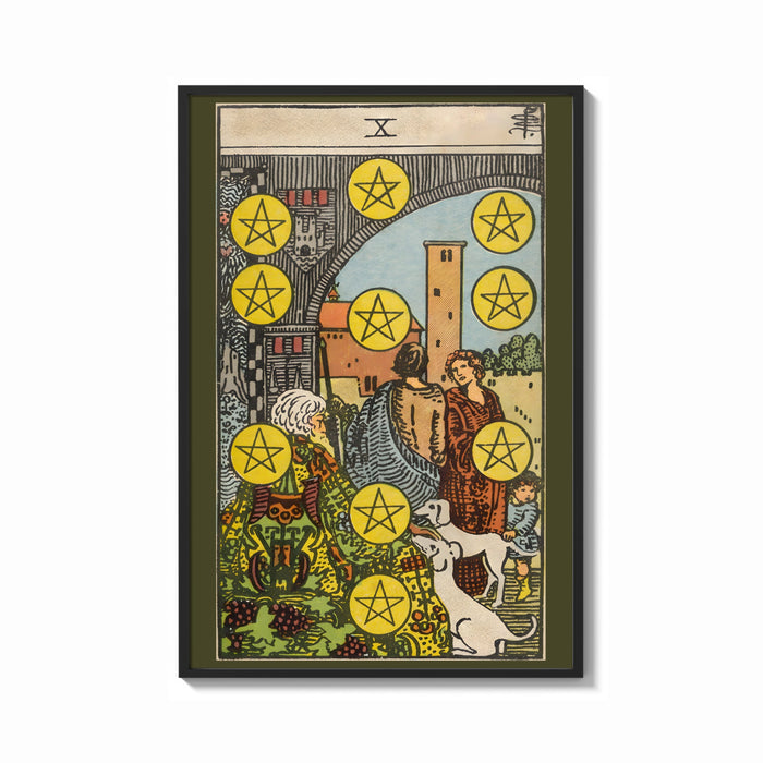 Framed Ten of Pentacles print shown as a bold statement piece on a clean gallery wall