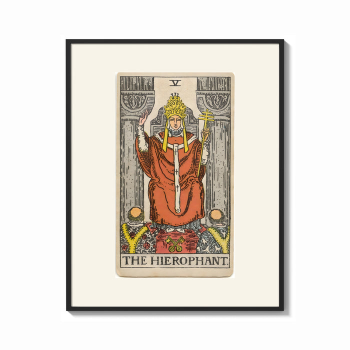Framed The Hierophant tarot figure on throne print shown as a bold statement piece on a clean gallery wall