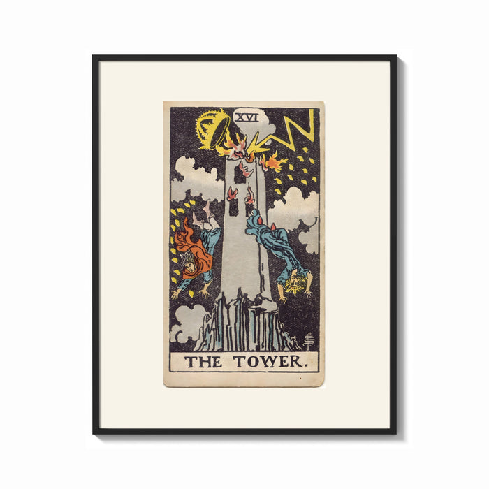 Framed The Tower tarot card print shown as a bold statement piece on a clean gallery wall