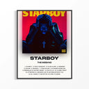 The Weeknd Starboy Album Cover poster showing blue-tinted portrait on red background with yellow title and track listing