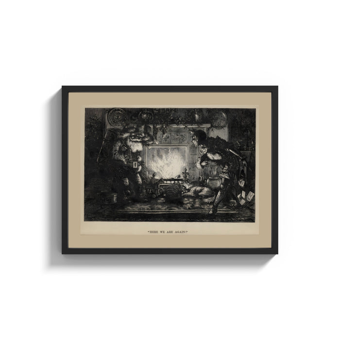 Framed Santa Claus meeting Punch at fireplace print shown as a wide statement piece on a clean white wall