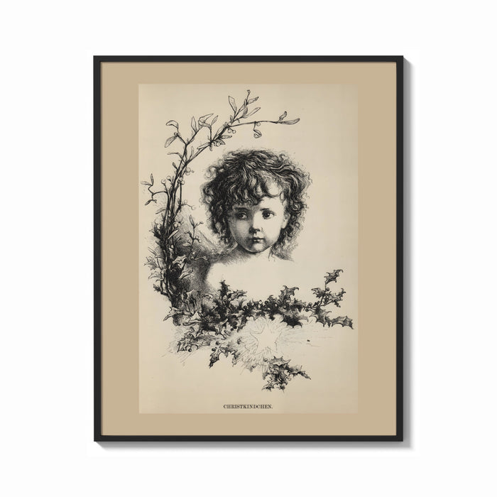 Framed Curly-haired child's head with holly wreath print shown as a bold statement piece on a clean gallery wall
