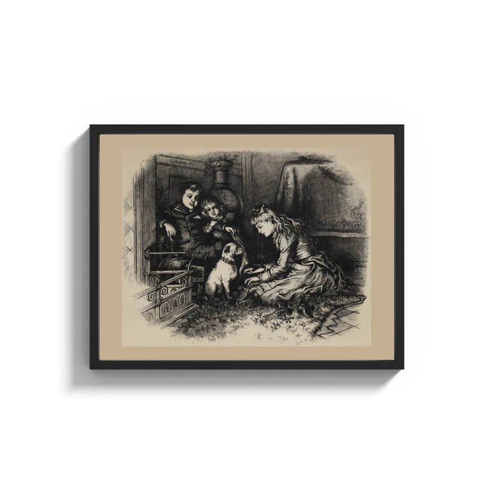 Framed Three children and a pug dog print shown as a wide statement piece on a clean white wall