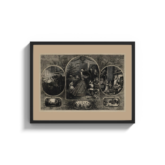 Framed Soldier reunited with family at Christmas print shown as a wide statement piece on a clean white wall