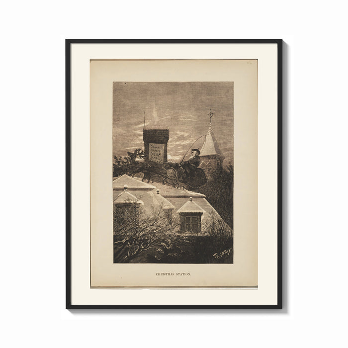 Framed Santa Claus in sleigh on rooftop print shown as a bold statement piece on a clean gallery wall
