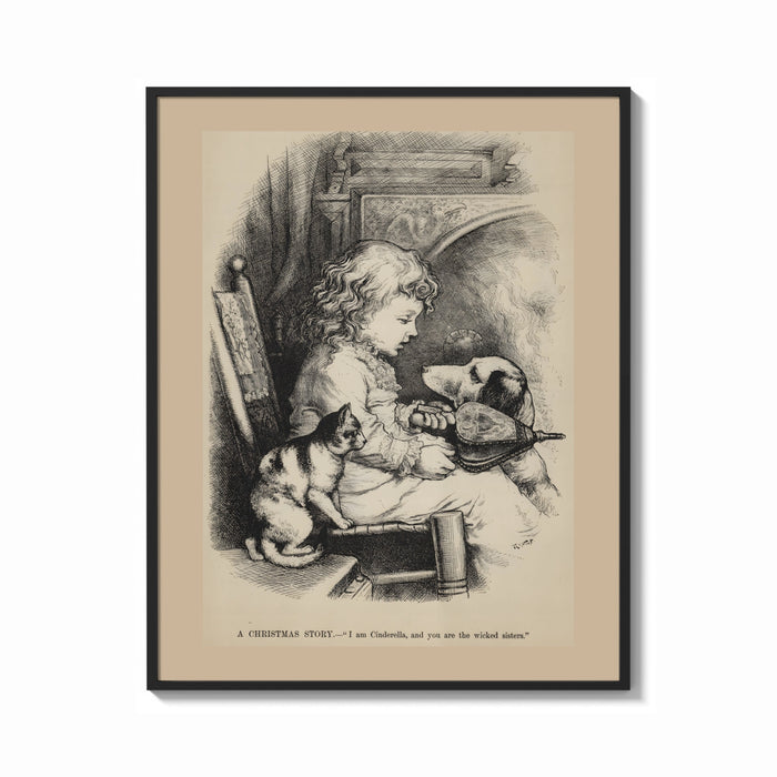 Framed Curly-haired child with dog and cat print shown as a bold statement piece on a clean gallery wall