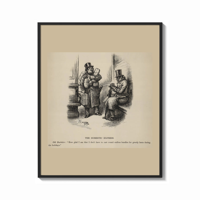 Framed Two top-hatted men with parcels print shown as a bold statement piece on a clean gallery wall