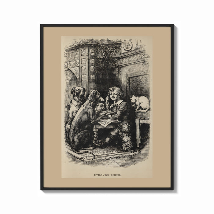 Framed Curly-haired boy eating pie with dogs print shown as a bold statement piece on a clean gallery wall