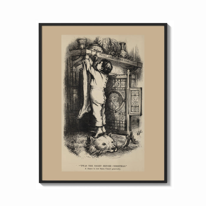 Framed Boy nailing stocking to Christmas mantel print shown as a bold statement piece on a clean gallery wall