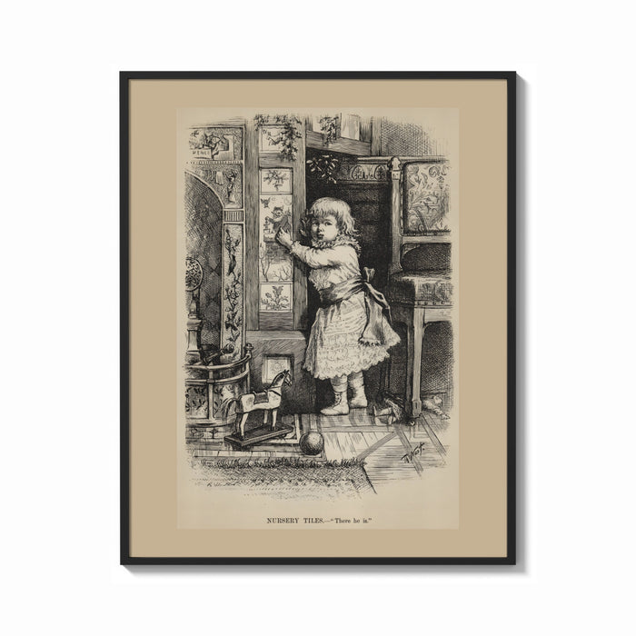 Framed Small child reaching toward nursery wall tiles print shown as a bold statement piece on a clean gallery wall
