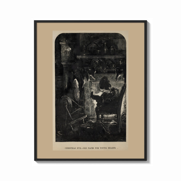 Framed Santa Claus seated before a fireplace print shown as a bold statement piece on a clean gallery wall
