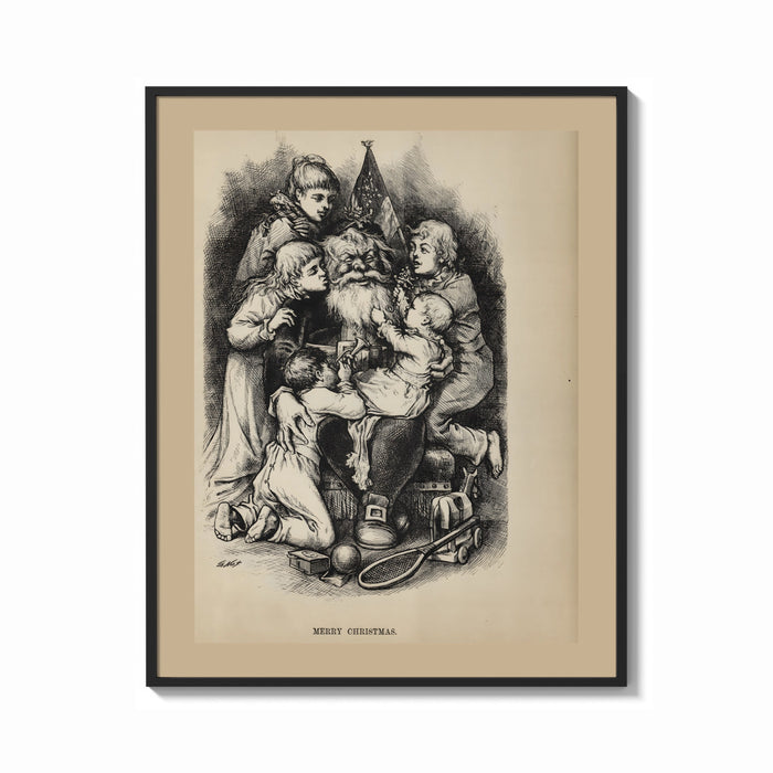 Framed Santa Claus surrounded by five children print shown as a bold statement piece on a clean gallery wall