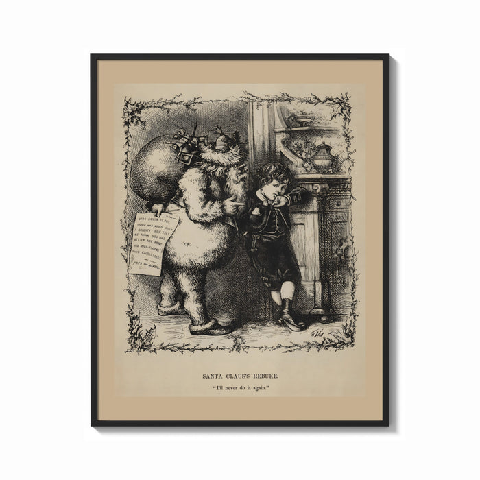 Framed Santa Claus scolding a small boy print shown as a bold statement piece on a clean gallery wall