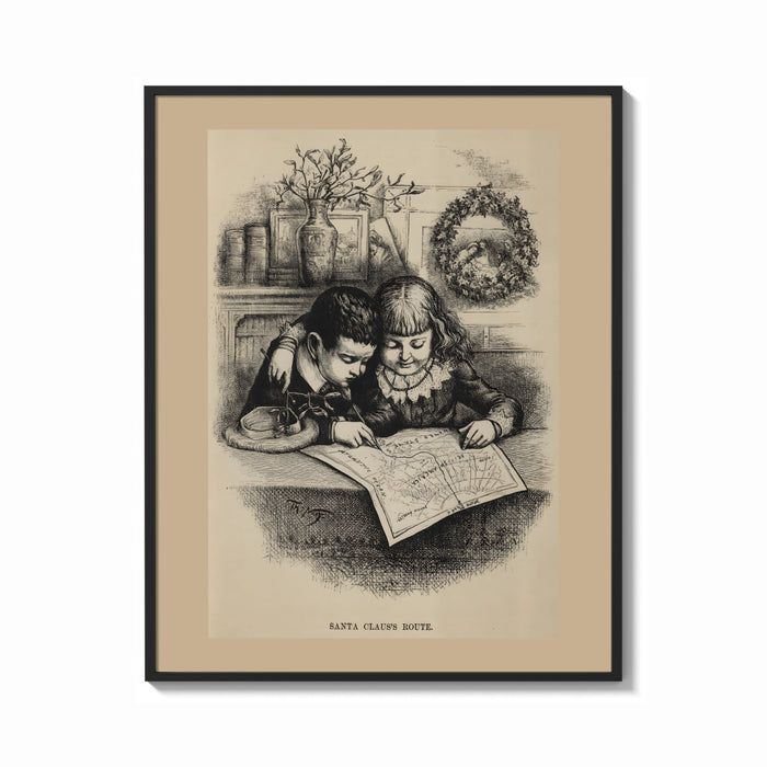 Framed Two children studying a map together print shown as a bold statement piece on a clean gallery wall