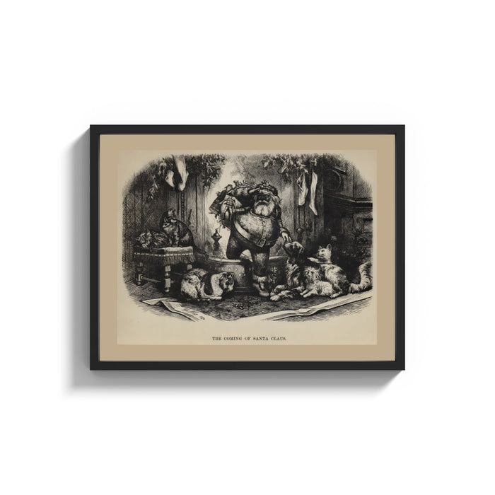 Framed Santa Claus with cats and dogs print shown as a wide statement piece on a clean white wall