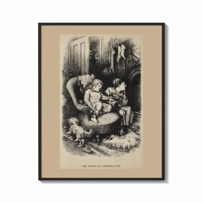 Framed Two children waiting up on Christmas Eve print shown as a bold statement piece on a clean gallery wall