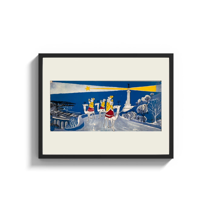 Framed Three Wise Men riding camels toward star print shown as a wide statement piece on a clean white wall