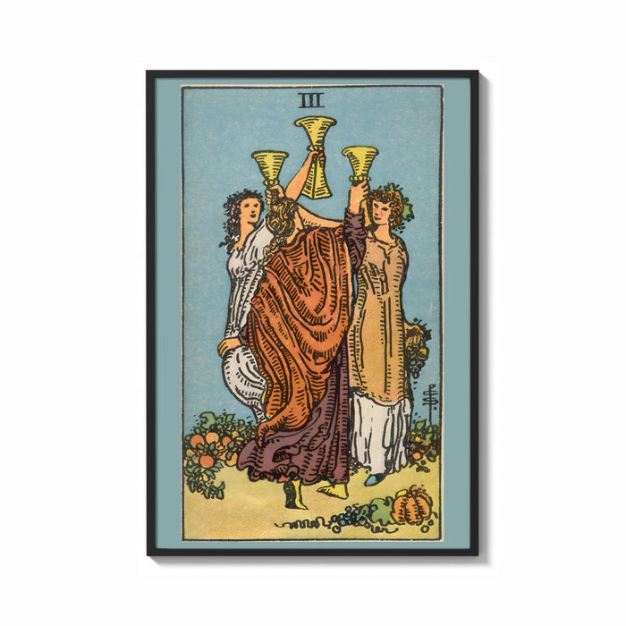 Framed Three of Cups print shown as a bold statement piece on a clean gallery wall