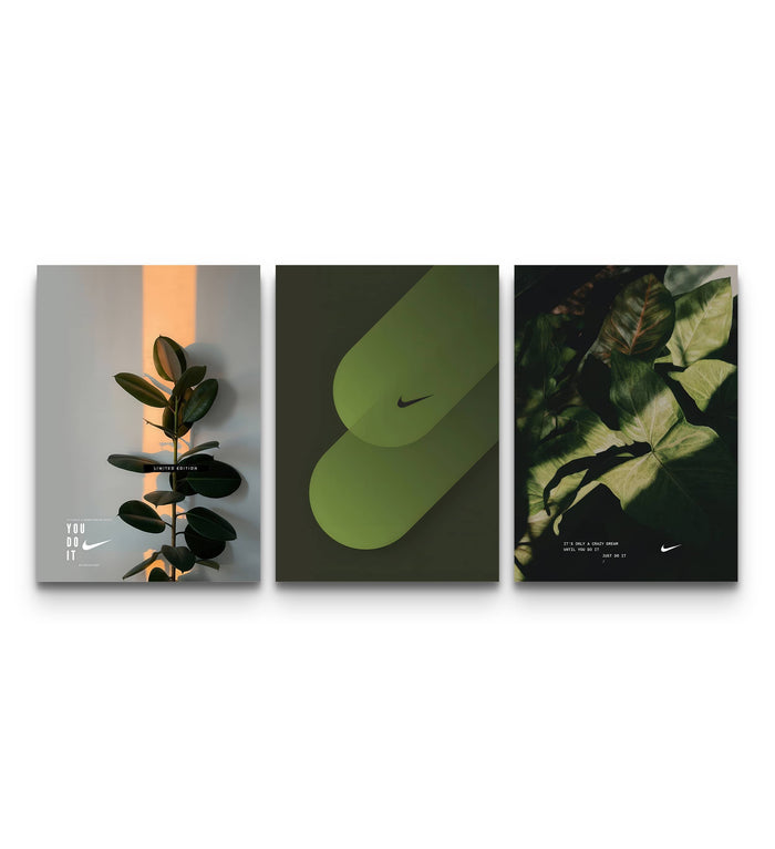 Three-panel Nike botanical triptych with rubber plant in orange light, green swoosh shapes and tropical leaves