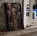 Tony Tony Chopper reindeer character collage print in a black frame leaning beside a vintage door on parquet