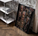 Tony Tony Chopper reindeer character collage poster in a black frame leaning beside a shelf in a raw-plaster loft