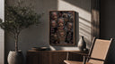 Tony Tony Chopper reindeer character collage poster framed above a fluted sideboard beside an olive tree