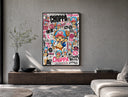 Tony Tony Chopper anime character poster framed above a wood console in a concrete-wall living room