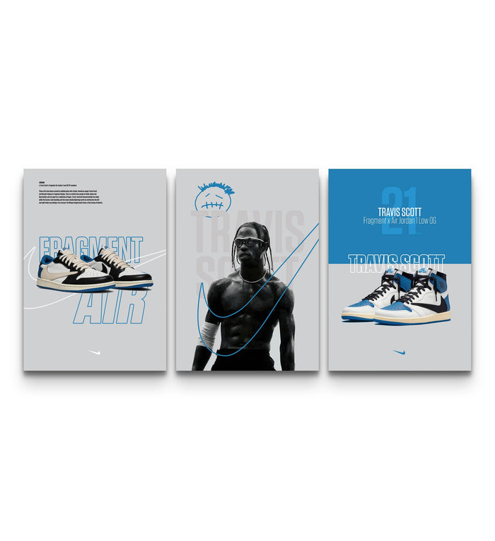 Three-panel triptych showing a Fragment sneaker, Travis Scott portrait, and blue Air Jordan 1 side by side