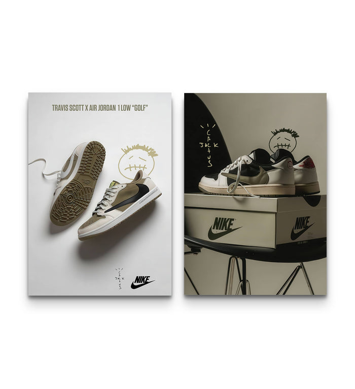 Pair of Travis Scott Cactus Jack Air Jordan 1 Low sneaker prints set side by side on a white background
