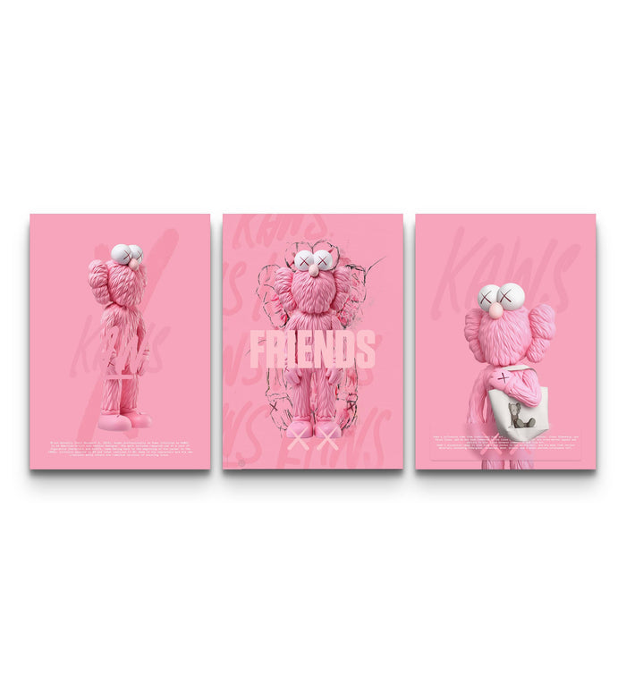 Trio of KAWS-inspired Pink Cotton Candy Friends art prints with vibrant collectible figures