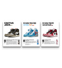 Trio poster set of Air Jordan 1 sneaker cards featuring Cactus Jack, Off-White UNC, and Lost and Found
