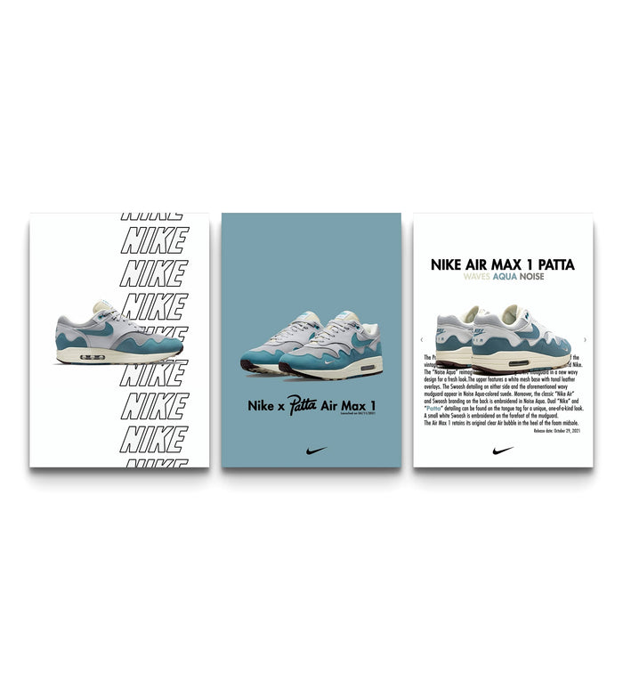 Trio poster set of the Nike Air Max 1 Patta with bold branding, aqua collaboration print and release info