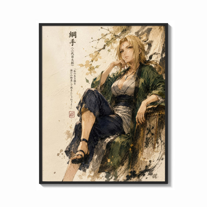 Framed Blonde woman seated in kimono print shown as a bold statement piece on a clean gallery wall