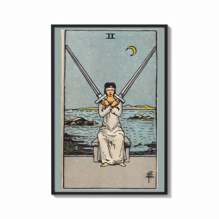 Framed Two of Swords print shown as a bold statement piece on a clean gallery wall