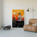 Tyler the Creator Flower Boy Tracklist poster framed above a tan leather living-room couch