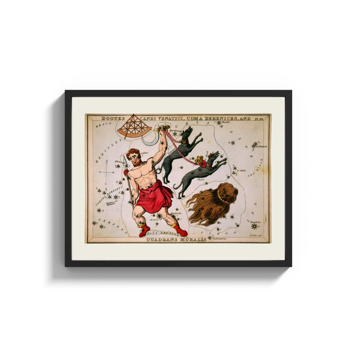 Framed Bootes constellation star chart with Hercules figure print shown as a wide statement piece on a clean white wall