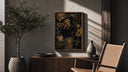 Sanji smoking in black suit poster framed above a fluted sideboard beside an olive tree