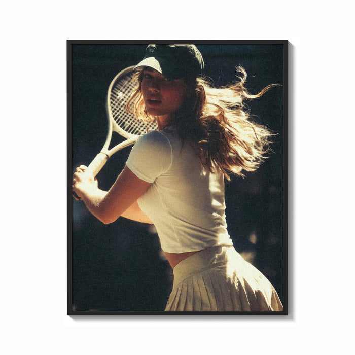 Framed vintage tennis serve print shown as a bold statement piece on a clean gallery wall
