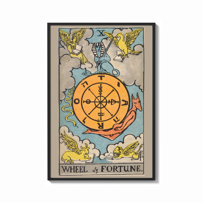 Framed Wheel of Fortune print shown as a bold statement piece on a clean gallery wall