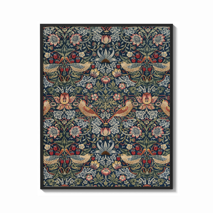 Framed Birds and strawberries floral pattern print shown as a bold statement piece on a clean gallery wall