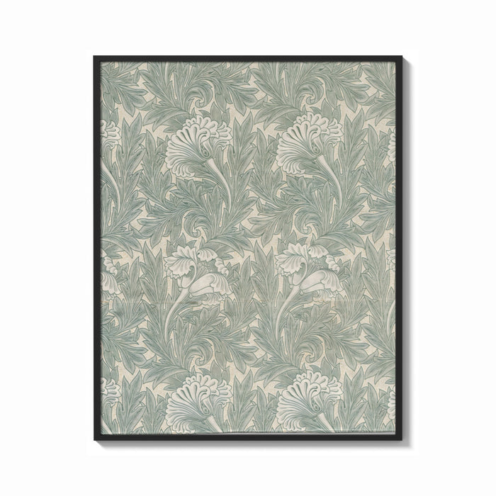 Framed Ornate floral tulip leaf pattern print shown as a bold statement piece on a clean gallery wall