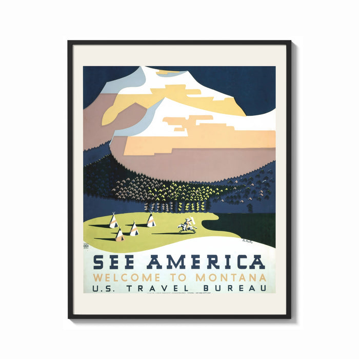 Framed Snowy mountain with Native American camp print shown as a bold statement piece on a clean gallery wall
