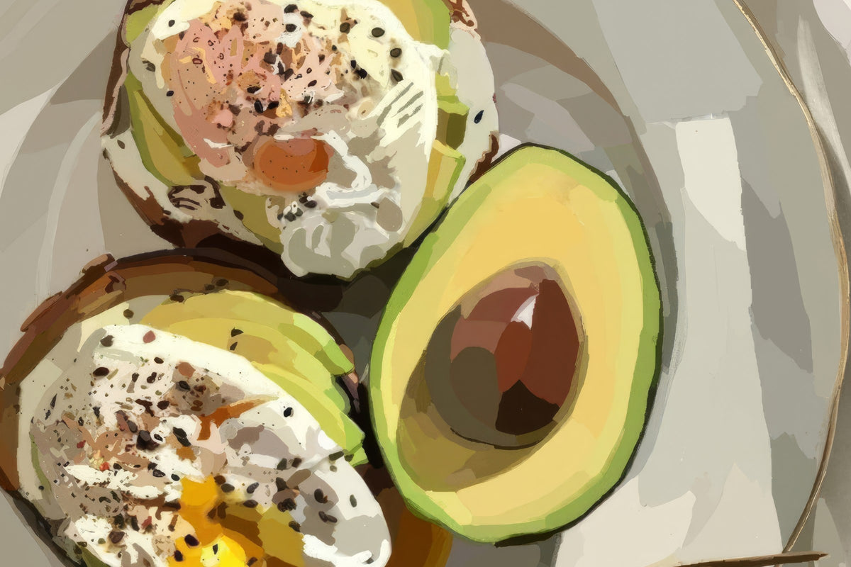 Poached Eggs on Avocado Toast kitchen print: two poached eggs on avocado toast beside half an avocado on a pale plate