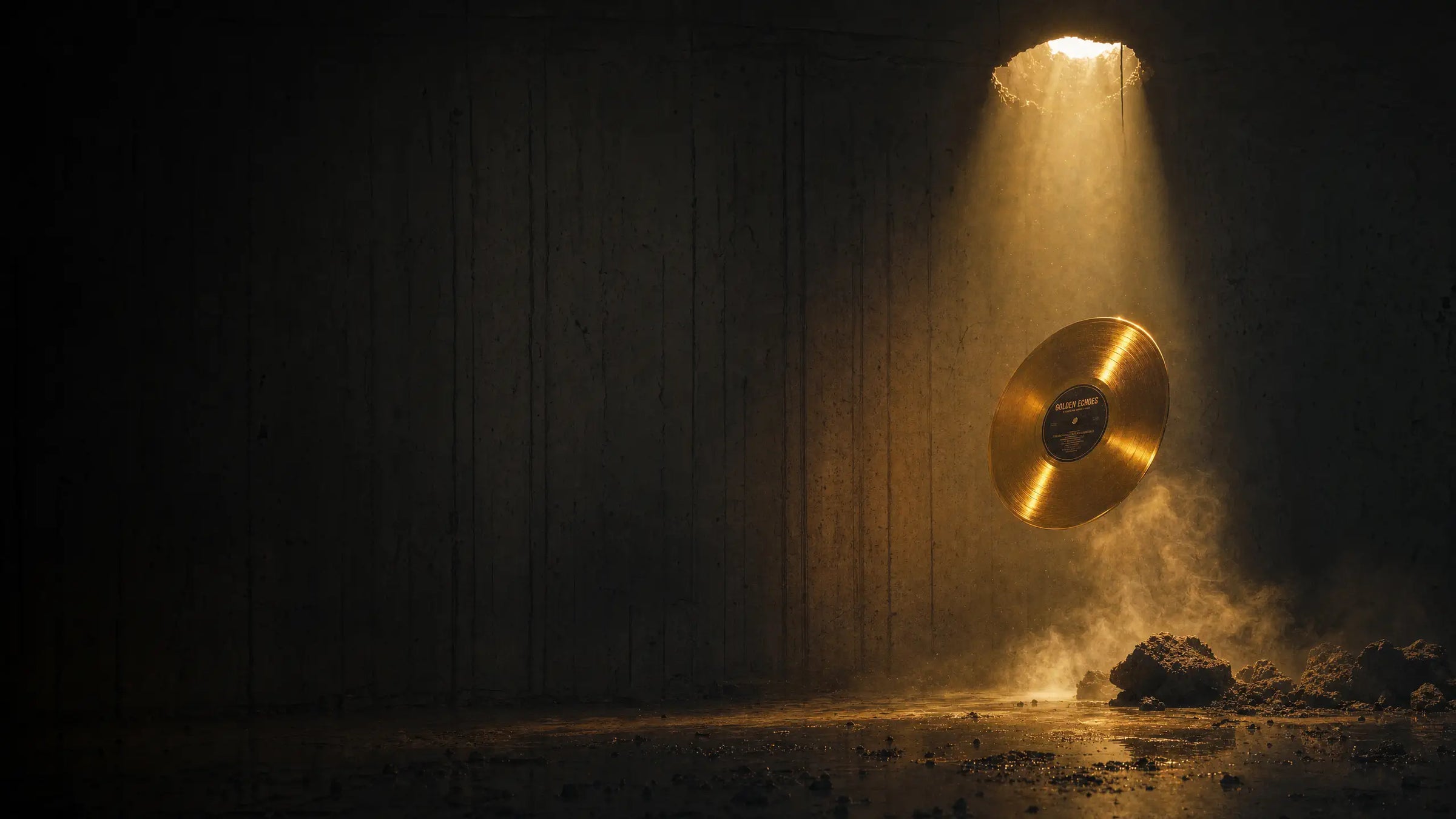 Golden vinyl record glowing under a spotlight beam in a dark concrete room